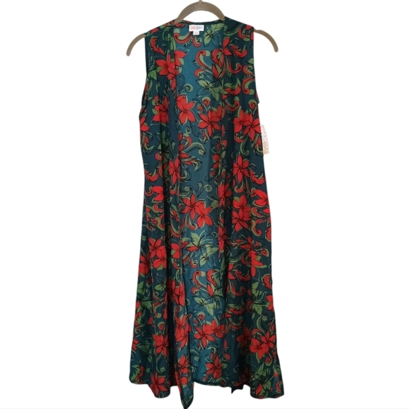 NWT LuLaRoe Sleeveless Teal Red Floral Duster Sleeveless Cardigan XS Layering - Picture 2 of 6